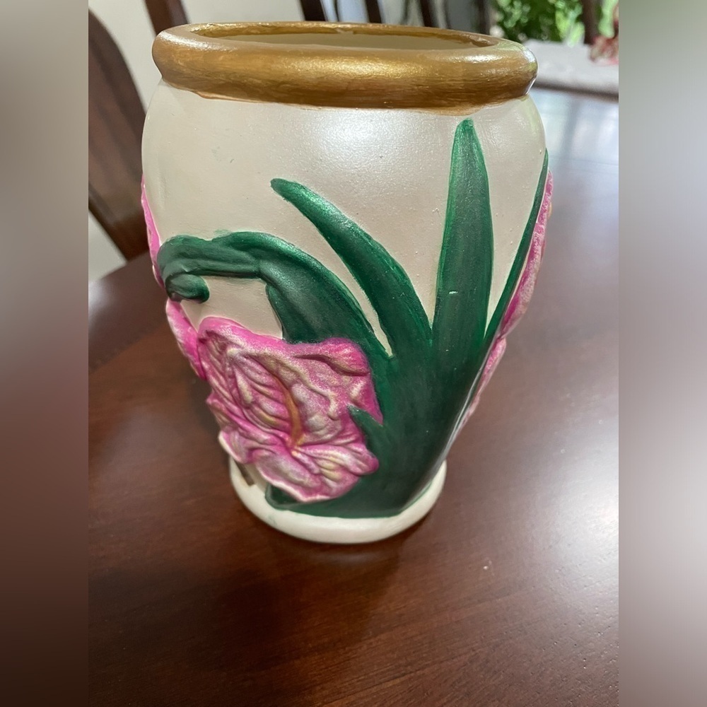 Decorative Ceramic Iris Vase with gold accents 7” tall 12” bottom 13 1/4 top